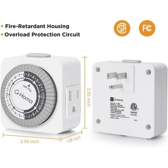 Timers, 24 Hour Indoor Plug-in Mechanical Timer Mini, 3-Prong,  (4-Pack) - Picture 3 of 6